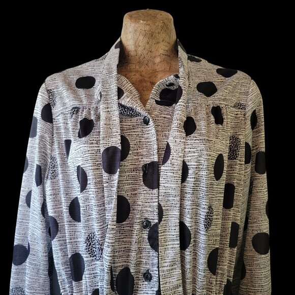 Vintage 80s 90s Black & Gray  Polka Dot Dress With Bow Collar & Elastic Waist - Picture 4 of 13